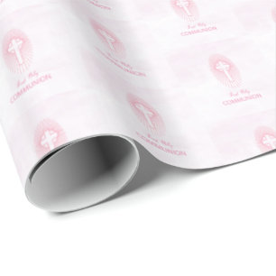 Personalize, Pink First Holy Communion Cross Host Wrapping Paper