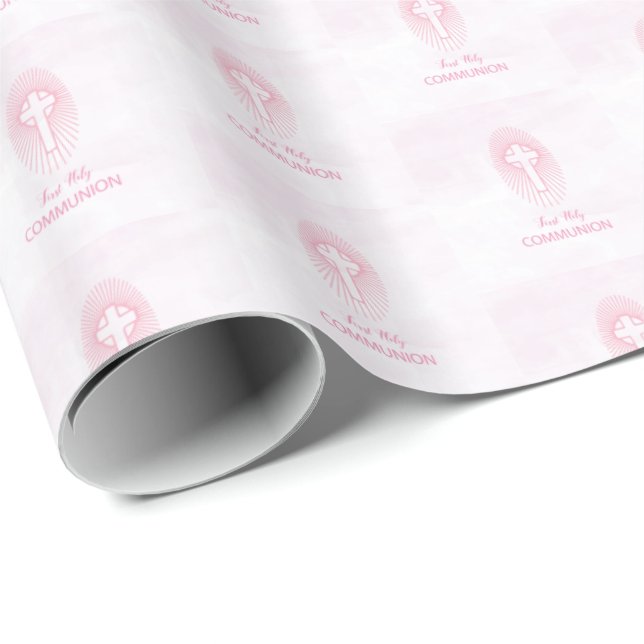Personalize, Pink First Holy Communion Cross Host Wrapping Paper (Roll Corner)