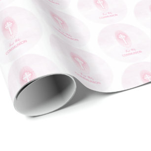 Personalize, Pink First Holy Communion Cross Host Wrapping Paper
