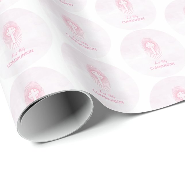 Personalize, Pink First Holy Communion Cross Host Wrapping Paper (Roll Corner)