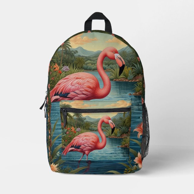 Personalize Pink flamingo Printed Backpack (Front)