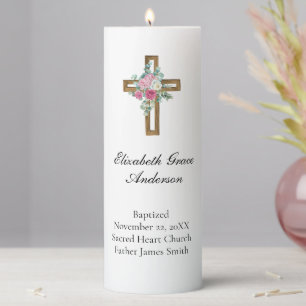 Personalize Pink Floral Cross Baptism Christening Pillar Candle
