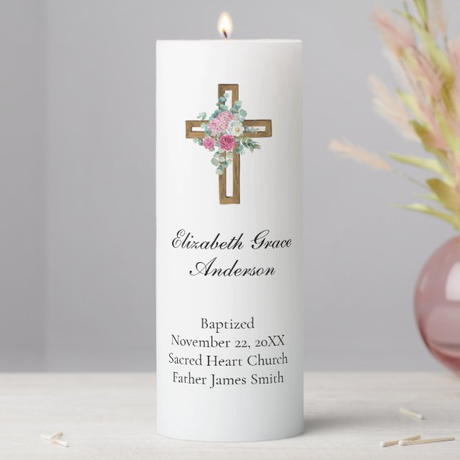 Personalize Pink Floral Cross Baptism Christening Pillar Candle (In Situ)