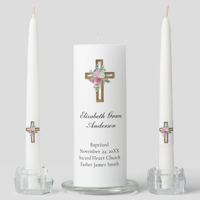 Personalize Pink Floral Cross Baptism Christening  Unity Candle Set (Front)