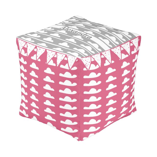 Personalize Pink Gray Cloud Vintage Modern Pattern Pouf (Angled Front)