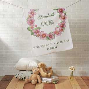 Personalize Pink Green Birth Stat Floral Baby Girl Blanket