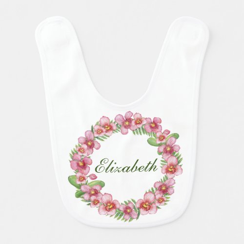 Personalize Pink Green floral flowers  Baby Bib