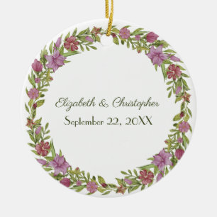 Personalize Pink Green Floral Wedding Date Ceramic Ornament