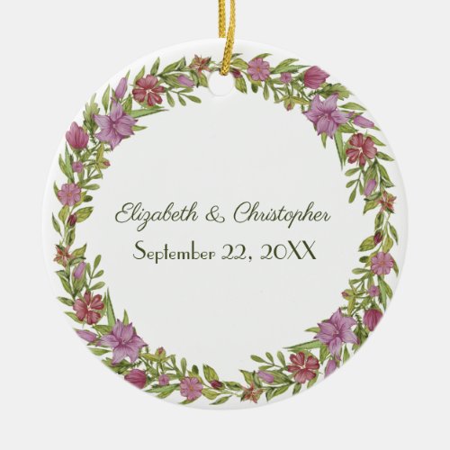 Personalize Pink Green Floral Wedding Date  Ceramic Ornament