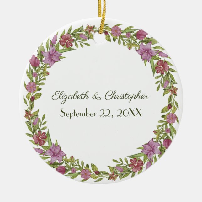 Personalize Pink Green Floral Wedding Date  Ceramic Ornament (Front)