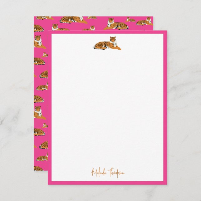 Personalize Pink Orange Jungle Tiger Script Note Card (Front/Back)