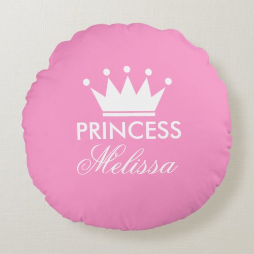 Personalize pink princess crown round throw pillow