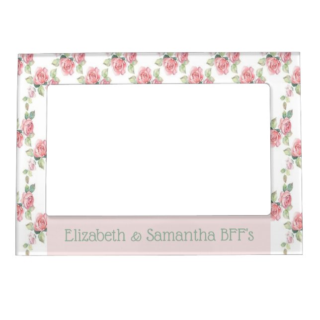 Personalize Pink Roses Greenery Floral Girly  Magnetic Frame (Front)