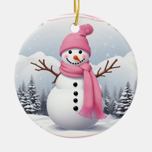 Personalize: Pink Scarf Xmas Snowman Ceramic Ornament (Front)