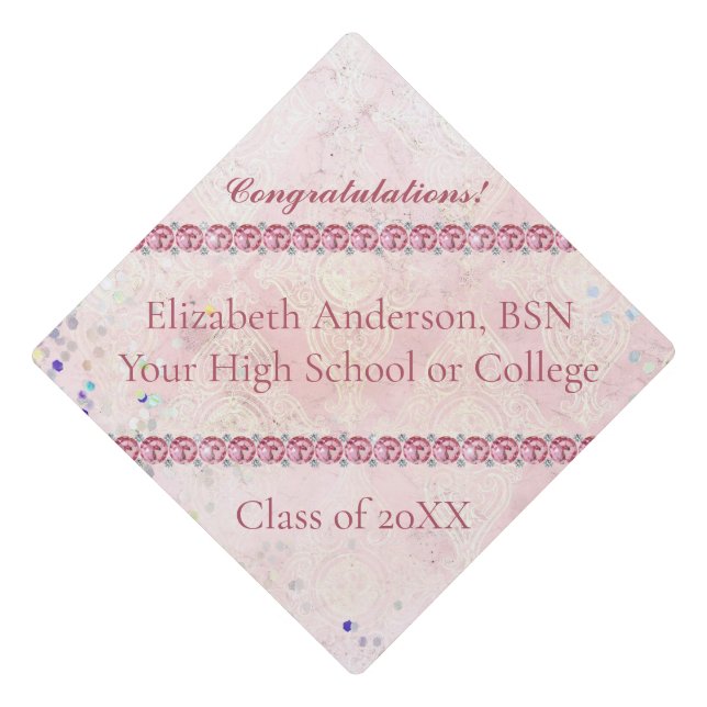 Personalize Pink Sparkle Jewel Bling Girly Trendy  Graduation Cap Topper (Front)