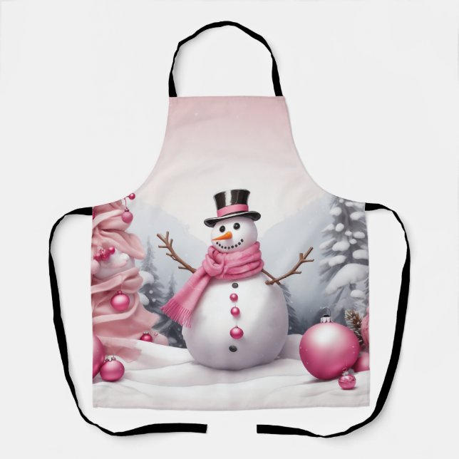 Personalize: Pink Theme Christmas Tree & Snowman Apron (Front)