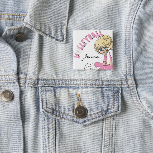 Personalize Pink Volleyball Cute Girl Button (In Situ)