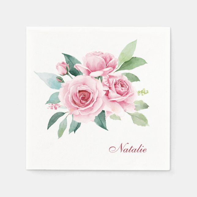 Personalize Pink Watercolor Rose Napkins (Front)