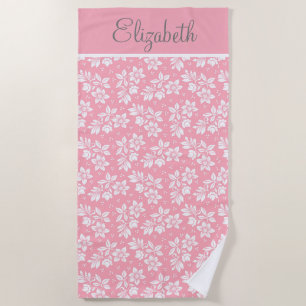 Personalize Pink White Gray Floral Beach Towel