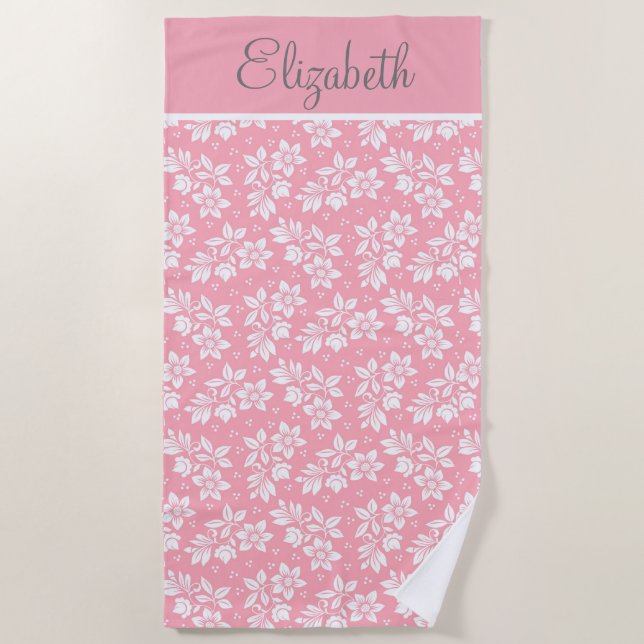 Personalize Pink White Gray Floral Beach Towel (Front)