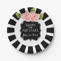 Personalize plate black & white stripes pink flora