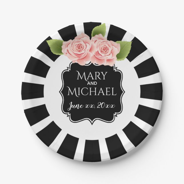 Personalize plate black & white stripes pink flora (Front)