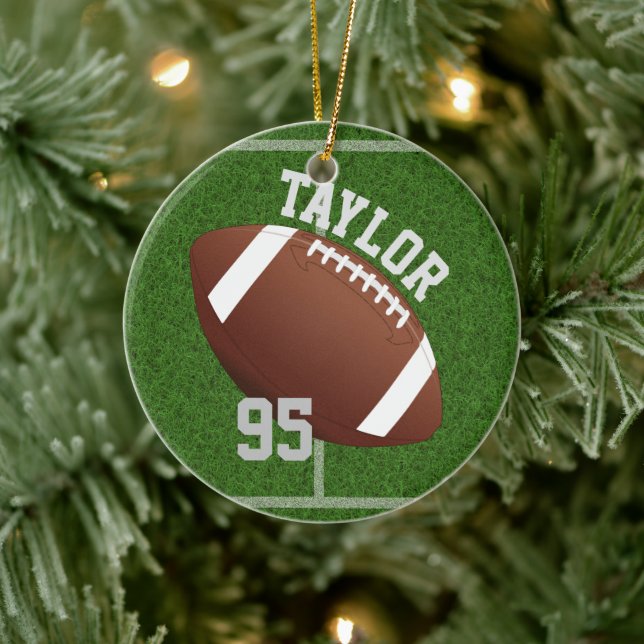 Personalize player Name and Number Football Ceramic Ornament (Tree)