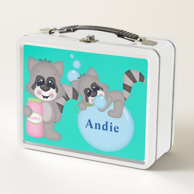 Personalize Playful Raccoons  Metal Lunch Box (Front)