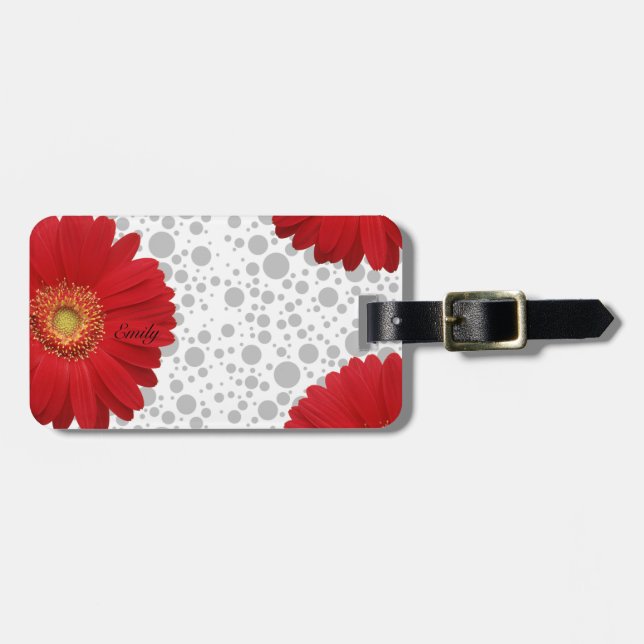Personalize Polka Dot Red Daisy Luggage Tag (Front Horizontal)