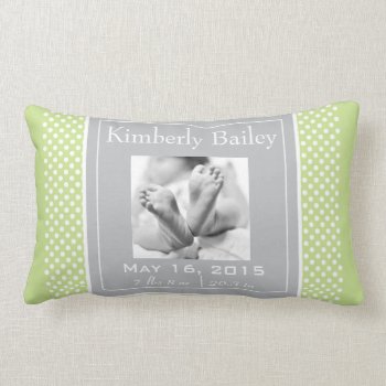 Personalize Polka Dots Nursery Birth Announcement Lumbar Pillow by FridaBarlowDesign at Zazzle