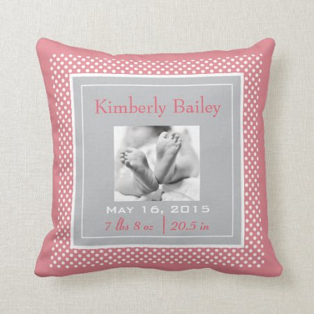 Personalize Polka Dots Nursery Birth Announcement Throw Pillow
