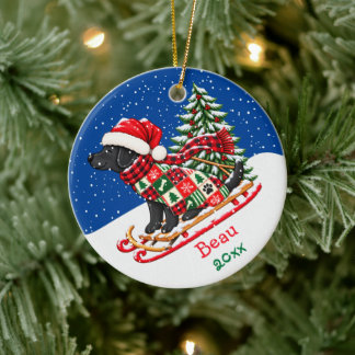 Personalize Preppy Black Lab Christmas Tree Sled Ceramic Ornament