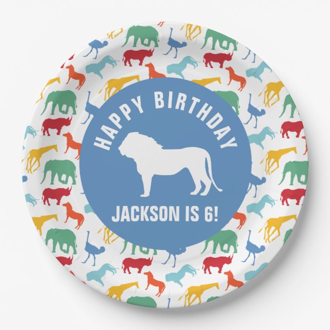 Personalize Preppy Lion Safari Animal Birthday Paper Plates (Front)