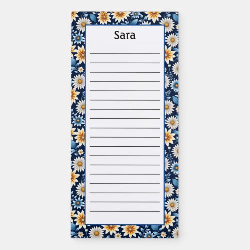 Personalize Pretty Blue and White Flowers Lined Magnetic Notepad