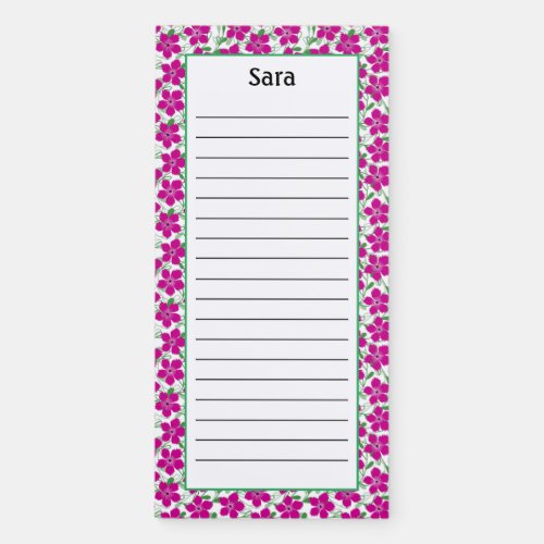 Personalize Pretty Dark Pink Purple Flowers Lined  Magnetic Notepad