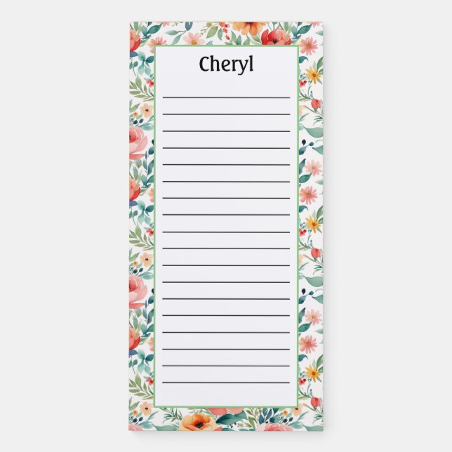 Personalize Pretty Orange and Pink Flowers Lined  Magnetic Notepad (Front)