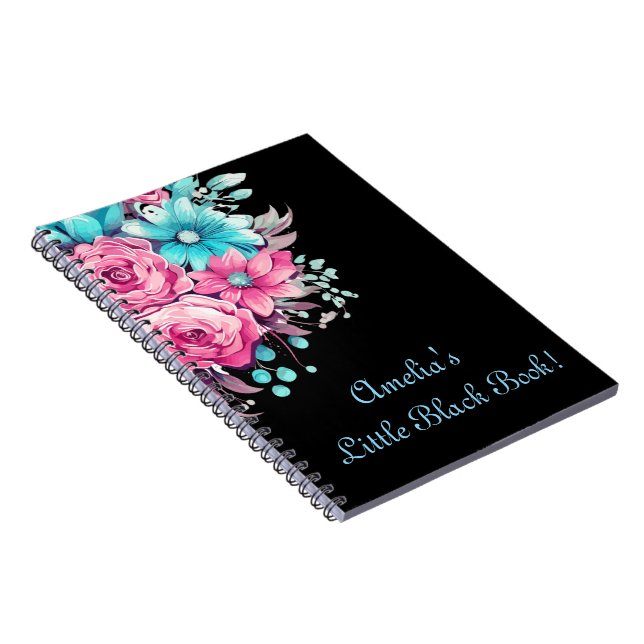 Personalize Pretty Pink & Teal Floral Black  Notebook (Right Side)