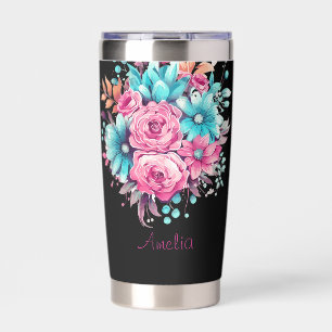 Personalize Pretty Pink & Teal Floral Insulated Tumbler