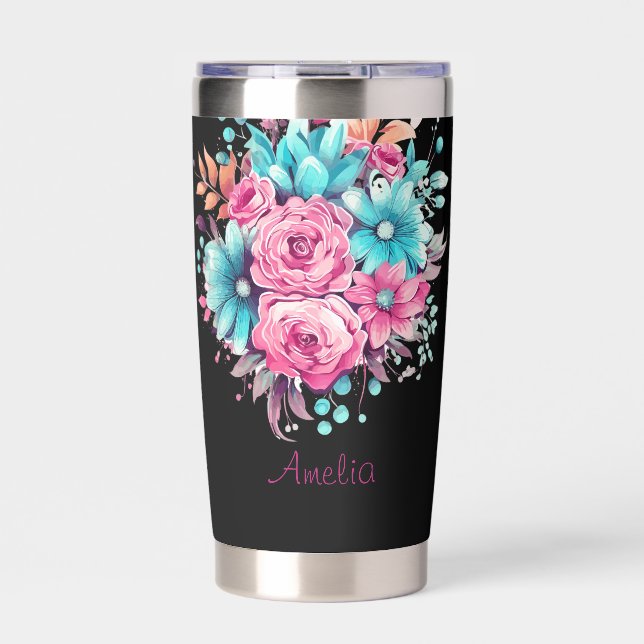 Personalize Pretty Pink & Teal Floral  Insulated Tumbler (Front)
