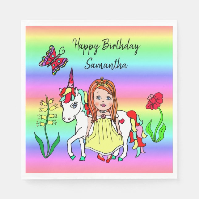 Personalize Princess and Unicorn Rainbow Birthday Napkins (Front)