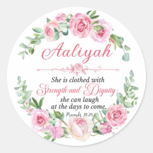 Personalize Prov 31:25 Mother's Day Pink Rose Classic Round Sticker