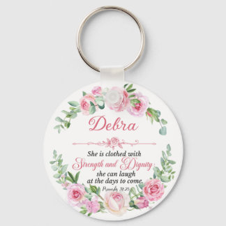 Personalize Prov 31:25 Mother's Day Pink Rose Keychain