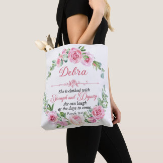 Personalize Prov 31:25 Mother's Day Pink Rose Tote Bag