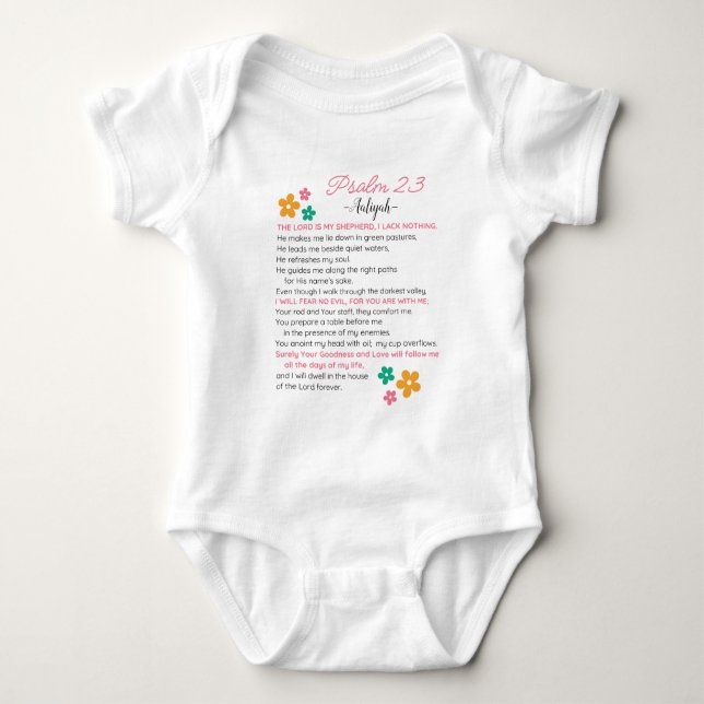 Personalize Psalm 23-NIV Bible Scripture Flowers Baby Bodysuit (Front)