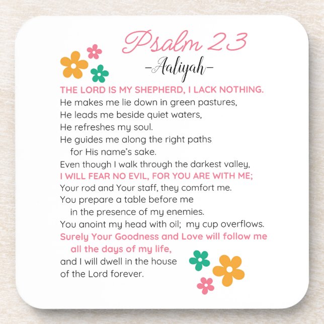 Personalize Psalm 23-NIV Bible Scripture Flowers Beverage Coaster (Front)