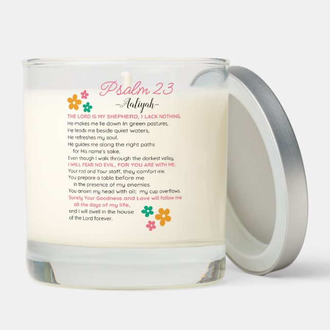 Personalize Psalm 23-NIV Bible Scripture Flowers Scented Candle (Lid)
