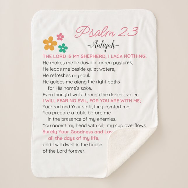 Personalize Psalm 23-NIV Bible Scripture Flowers Sherpa Blanket (Front)