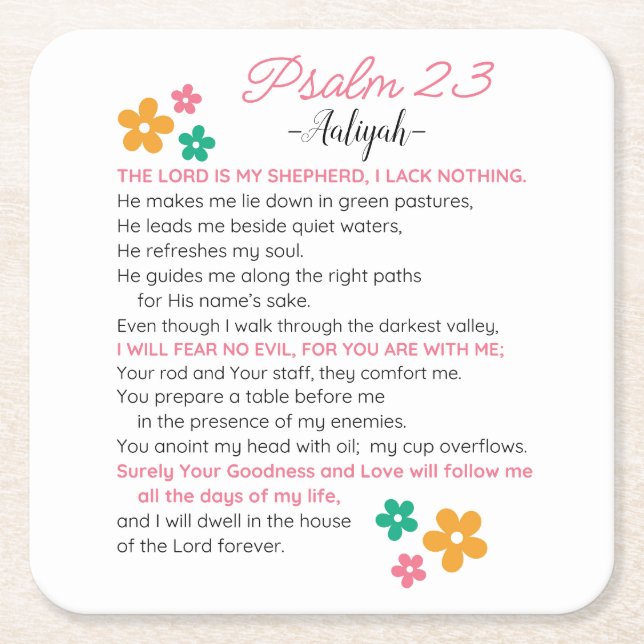 Personalize Psalm 23-NIV Bible Scripture Flowers Square Paper Coaster (Front)