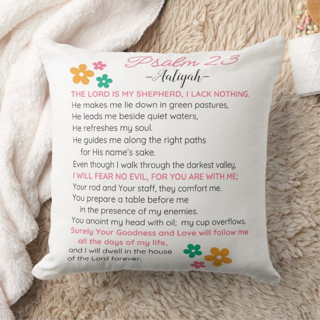 Personalize Psalm 23-NIV Bible Scripture Flowers Throw Pillow (Blanket)