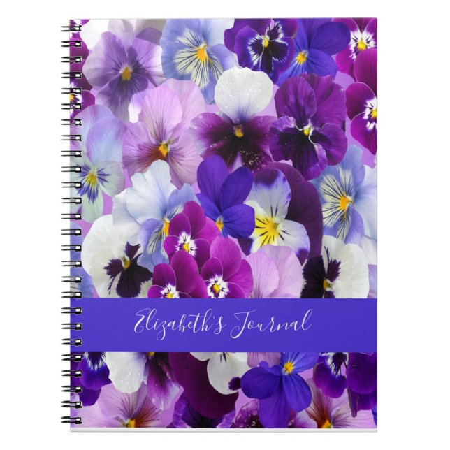 Personalize Purple Blue White Floral Pansy Flowers Notebook (Front)